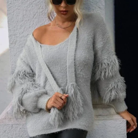 Fringe Trim soft comfy Fuzzy Knit Sweater Top Gray - Picture 5 of 7